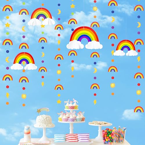 Image of Rainbow Party Decorations 3D Cloud Rainbow Cutout Circle Dots Star Moon Lightning Hanging Colorful Garland Streamer for Birthday Wedding Shower Carnival Party Decor Supplies
