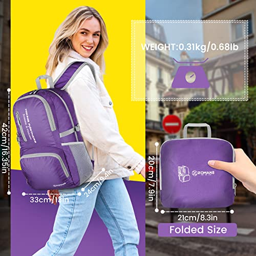 Image of ZOMAKE Lightweight Packable Backpack, Water Resistant Foldable Daypack 35L | Light Hiking Backpacks Collapsible Day Pack for Travel, Everyday Carry, Multi Compartment Storage, Adjustable Strap (Purple)
