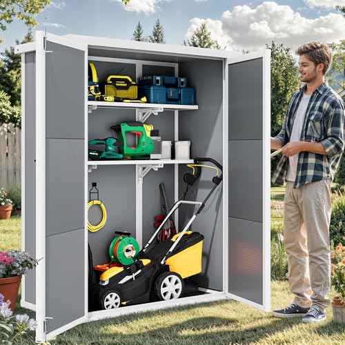 Image of DWVO 50 Cuft Outdoor Tall Storage Shed with 2 Shelves, 4.3x2x5.5ft Vertical Tool Shed with Floor & Lockable Doors, Sturdy Double-Wall Plastic Cabinet for Garbage Cans and Garden Equipment (Gray)