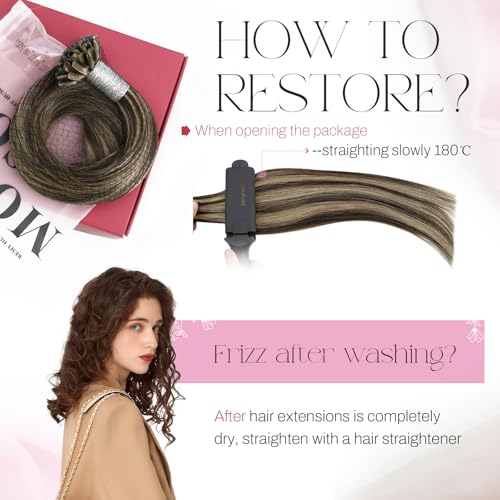Image of Moresoo K Tip Hair Extensions Real Human Hair, Caramel Brown, 16 Inch | 50g 50 strands, hot fusion keratin tips, warm brunette blend, invisible bond look, party styling