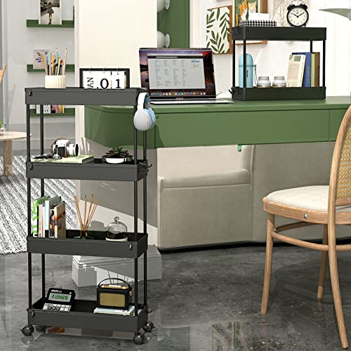 SPACEKEEPER Slim Rolling Storage Cart 4 Tier Bathroom Organizer Cart Mobile Shelving Unit Slide Out Utility Cart for Kitchen, Bthroom, Makeup, Craft, Laundry Narrow Places, Black