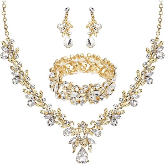 Collar con colgante de lágrima de cristal de hoja de boda, aretes colgantes, pulsera elástica, conjunto de joyas para mujeres, fiesta de novia,