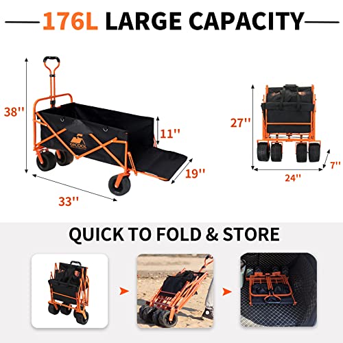 Gicool Collapsible Heavy Duty Wagon Cart With Big Wheels & Brake, Large Capacity Folding Utility Wagon Cart, For Pet Sand Outdoor Camping Garden Works Shopping, With Two Elastic Ropes #TOP5