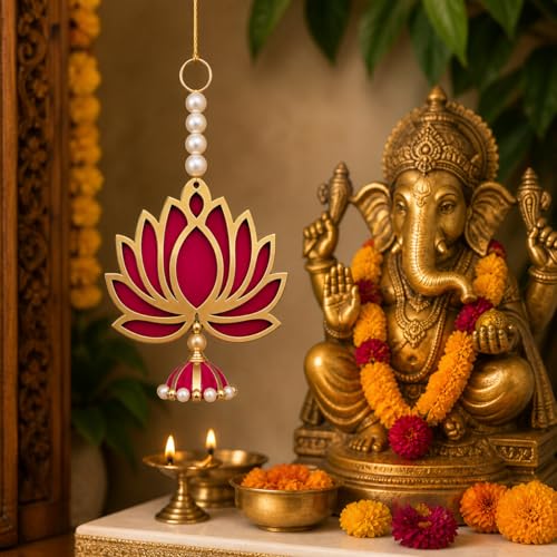 Image of Bindian Lotus Hanging Decoration Items, Diwali Toran, Lotus Decoration Items for Home Decor, Pooja, Temple, Mandir, Ganesh Festival, Ganesh Chaturthi Chauth Wedding, Festival, Wall Decor 6 Pcs
