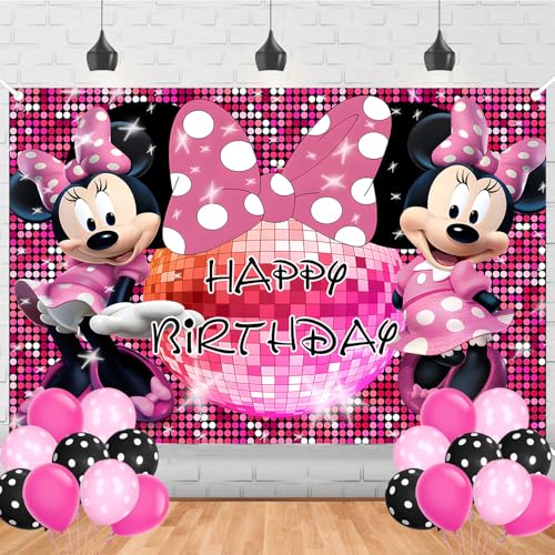 Pink Mouse Happy Birthday Backdrop Pink Girl Banner Poster for Girls Theme Party Decorations Cartoon Mouse Birthday Supplies Background Studio Shoot Photo Props Booth