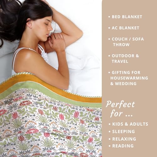 Image of TOAIArt Premium Jaipuri Dohar | AC Blanket Summer Quilt | Hand Block Printed | 3 Layers | Reversible | 150GSM 100% Mulmul Cotton | 100% Cotton Flannel Filling | King 108 inch X 90 inch | Spring Floral