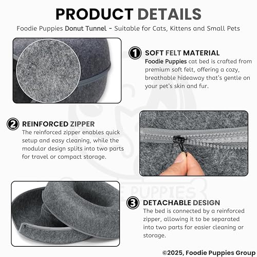 Image of Foodie Puppies Interactive Cats Removable Cave Tunnel with Zipper (Dark Grey, Donut-Shape Tunnel) | Detachable & Spacious Play and Rest Hideout Puzzle Training Cave for Cat, Kitten and Small Animals