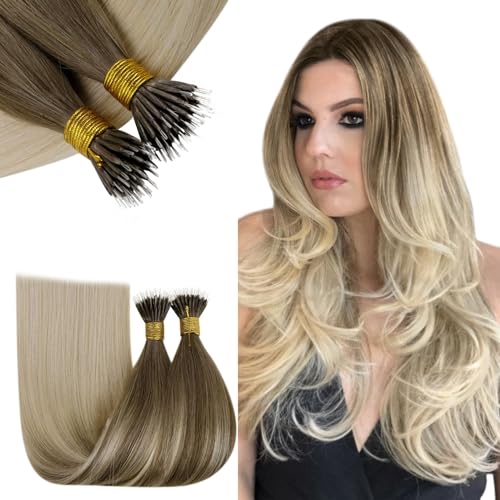 RUNATURE Nano Hair Extensions Real Human Hair Blonde Balayage Nano Beads Hair Extensions Blonde Ombre Invisible Ring Straight Remy Hair 12 Inch #BA8/60