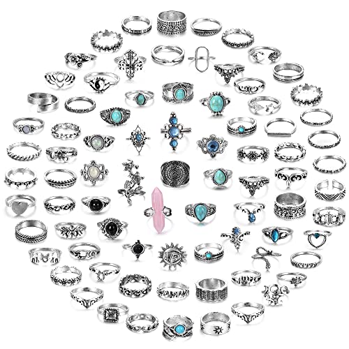 JeweBella 75/82 Pièces Bague Femme Fille Vintage Phalange Bague Argent Bague Serpent Plume Lune Coeur Ensemble Bague Bohème Réglable Bijoux Femme Cover