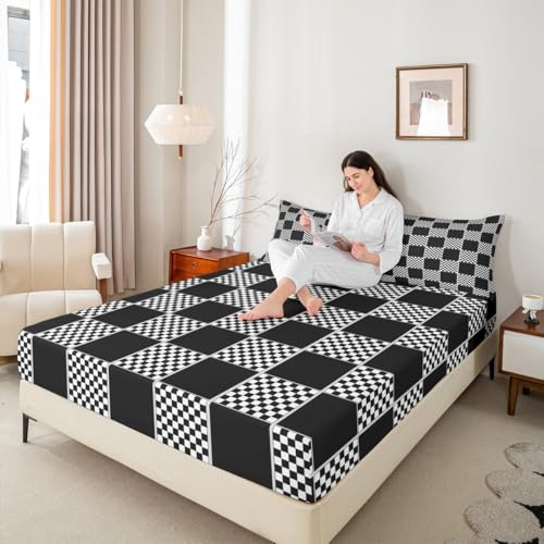 Image of Erosebridal Geometric Checkered Bedding Set Queen Black White Buffalo Plaid Bed Sheets Checkerboard Gingham Sheet Set Kids Boys Girls,Modern Fashion Grids Fitted Top Sheets 4 Piece