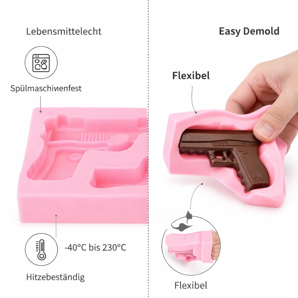 MYPRACS 4 stuks pistool siliconenvorm pistool machinegeweer fondantvorm kogel siliconenvormen voor taartdecoratie cupcake topper chocolade snoep polymeerklei
