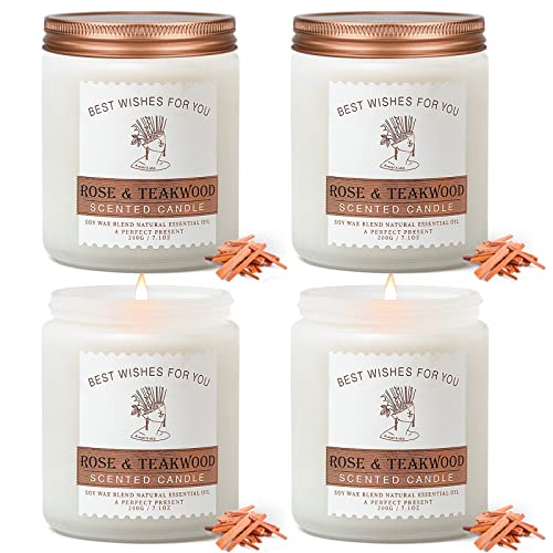 4 Pack Candles For Home Scented | Premium Rose Teakwood Scented Candles | 7Oz Clear Jar Aromatherapy Candles | Up To 50 Hours Long Burning Time Candles | Natural Soy Candles Gifts For Women And Men #TOP7
