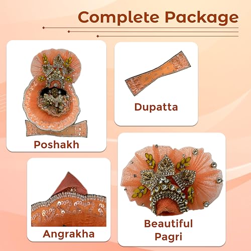 DREEMOH GOD'S TREAT Kanha Ji Designer Zardozi Dress | Krishna Ji Laddu Gopal Fancy Outfit | Kanhaiya Ji Net and Silk Poshak Set with Mukut & Accessories | Janmashtami Puja Wear (Pack of 2, 6 Inch)4