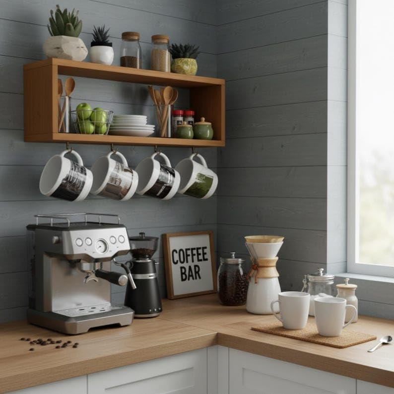 Image of Dreamy design Acacia Wooden Wall Shelf for Kitchen Storage & Mug Holder | Rustic Wall Mounted Organizer Rack with Hooks | Multipurpose Shelf for Spices, Jars, Cups, Kitchen Essentials & Home Decor