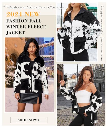 EARKOHA Womens 2025 Winter Coat Cow Print Fashion Zip Up Faux Fur Sherpa Jacket Warm Fleece Oversized Outwear with Pockets4