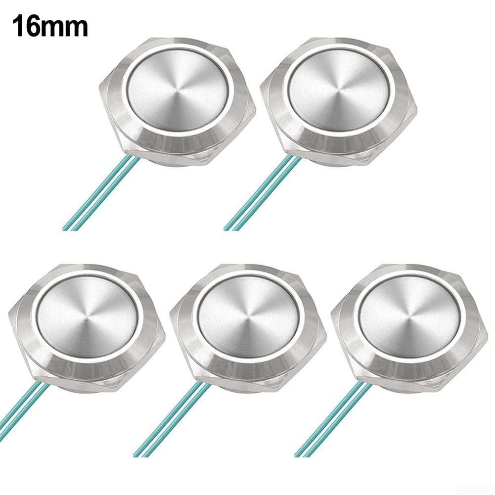 HpLive Lot de 5 interrupteurs à bouton-poussoir en métal auto-réinitialisables ultra courts 12 V-24 V avec câble 16 mm, 19 mm, 22 mm, étanche, auto-réinitialisation instantanée (16 mm)