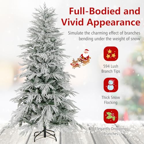 Image of Goplus 6 FT Pre-Lit Snow Flocked Christmas Tree, Artificial Hinged Xmas Tree with 594 PE & PVC Mixed Branch Tips, 250 Warm White LED Lights, Foldable Metal Base, Home Office Decoration