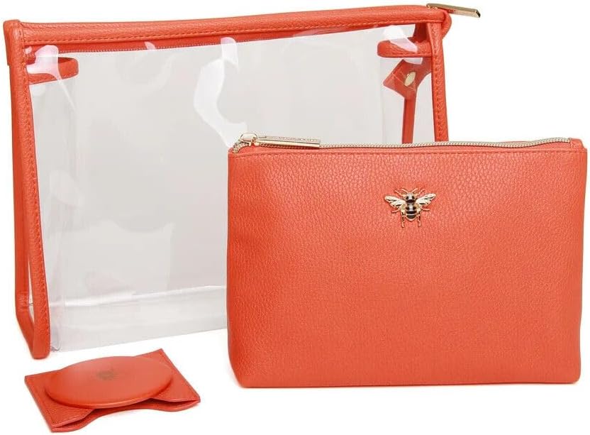 Luxury 3 Piece Beauty Bag Makeup Gift Set Travel Case Case with Round Compact Mirror in a Matching Vegan Leather Pouch., Orange, Elegant