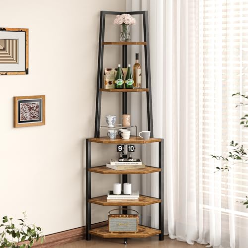 VECELO 6 Tier Corner Shelf 69 Inch Industrial Bookshelf with Metal Frame, Multipurpose Tall Plant Stand with Opening Display Shelves for Living Room, Bedroom, Home Office, Small Space, Brown