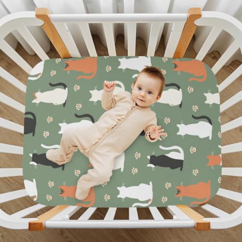 Image of Crib Sheet Breathable Soft Crib Mattress Sheet for Baby Toddler Boys Girls Fitted Pack n Play Crib Sheet Fit Standard Crib Mattress 52 x 28 Inch Green Cat Back Silhouette
