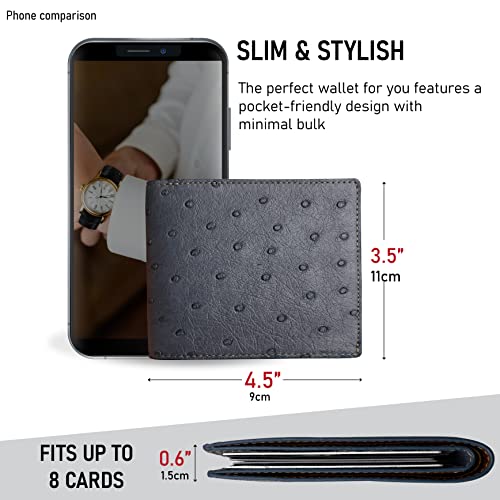 Image of HATA Grey Ostrich Leather Bifold Wallet for Men, Double-Sided Ostrich Billfold with RFID Blocking, Handmade Leather Wallet Gift for Birthday, Anniversary, Father's Day VINAMOS-00