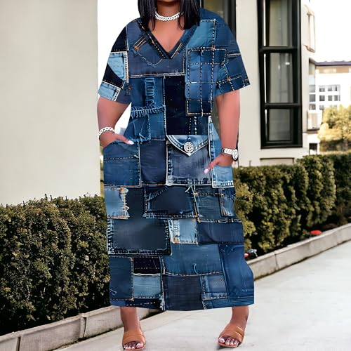 Image of SUZONANA Plus Size Denim Print Shirt Maxi Dresses for Curvy Women Casual Blue Jean Summer Outfits Long Short Sleeve Dress with Pockets Patchwork 4XL