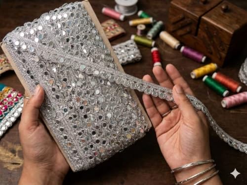 Image of Mirror lace Silver Reel Handwork Ribbon for Crafts Edge Embroidery lace for Dupatta /Saree & Fabric Decoration Water Golden (9meter Pack-Silver)