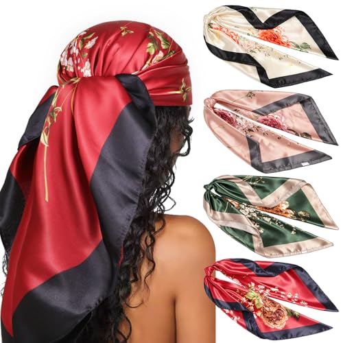 Image of DRESHOW 35 inch Large Square Satin Head Scarf - 4Pcs Silk Accessories Classic Patterned Squares Beach Bandanas for Women