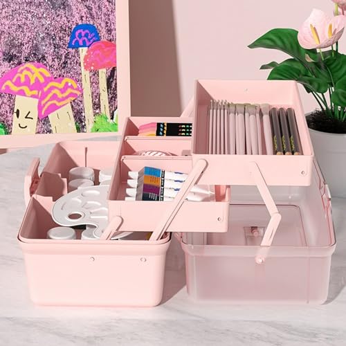 Image of 3-Layer Craft Storage Box Paint Storage Organizer Paint Brush Holder 2-Tray Art Supply Box Craft Paint Storage Craft Paint Storage for Painting Supplies