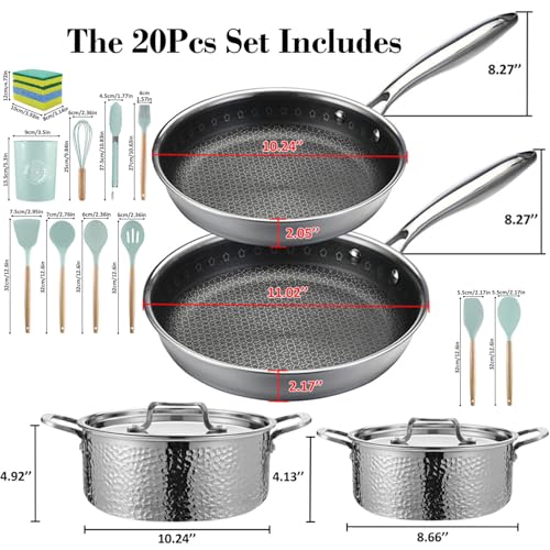 Image of Vivicreate 20 Piece Tri-Ply Stainless Steel Cookware Set, Hammered Pots and Pans Set with 2 Nonstick Frying Pans and Pots with Lids, 304 Interior, Induction Compatible
