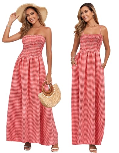 Image of Women Detachable Strap Beach Dress Strapless Smocked Pockets Maxi Dress | Removable Straps Flowy Swing A Line Maxi Beach Dress Boho Vacation Casual Smocked Strapless Beach Wedding Guest Sundress