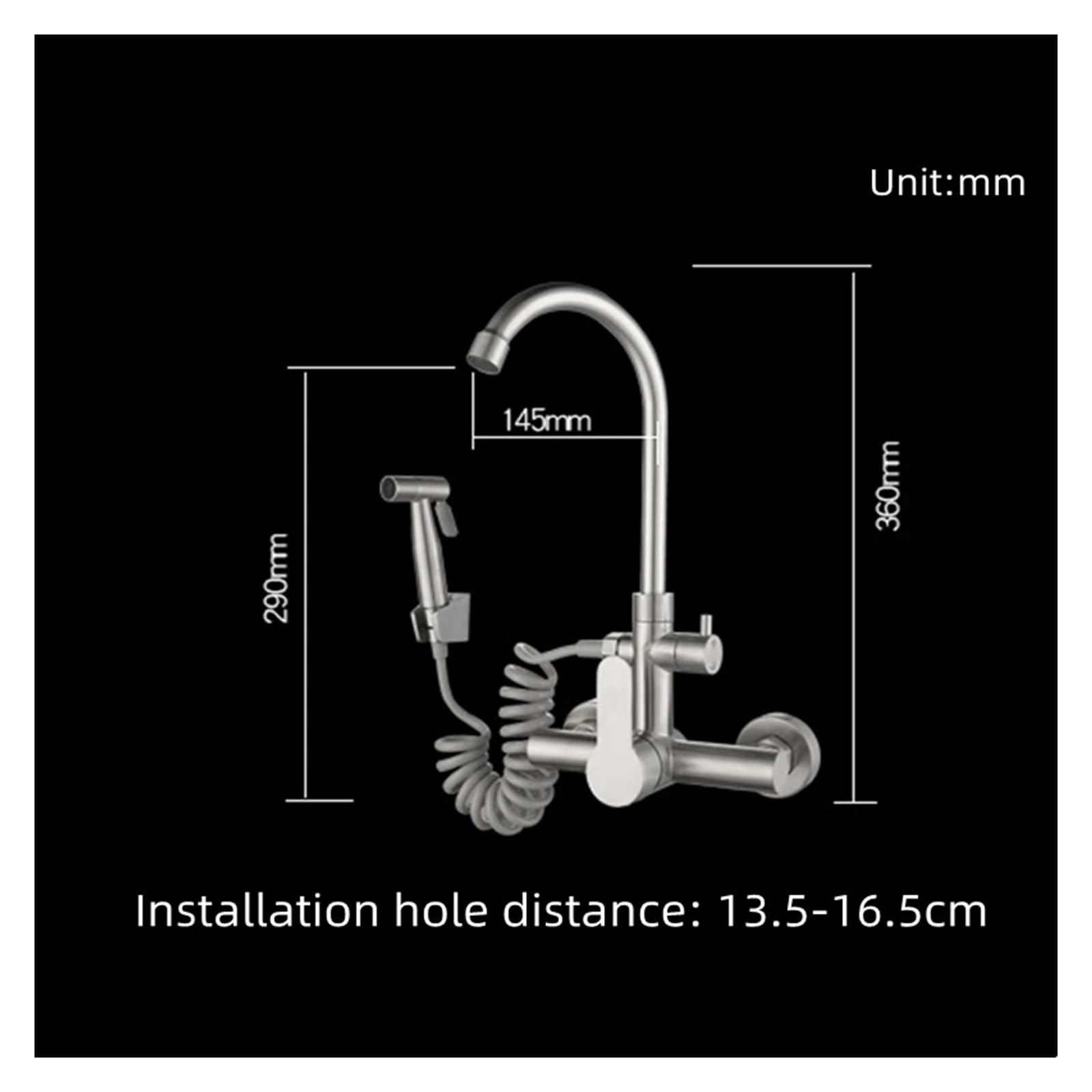 1 Uds. Grifo de cocina mezclado en frío y caliente de doble orificio de acero inoxidable 304, grifo giratorio de lavandería for balcón montado en la pared con pistola pulverizadora