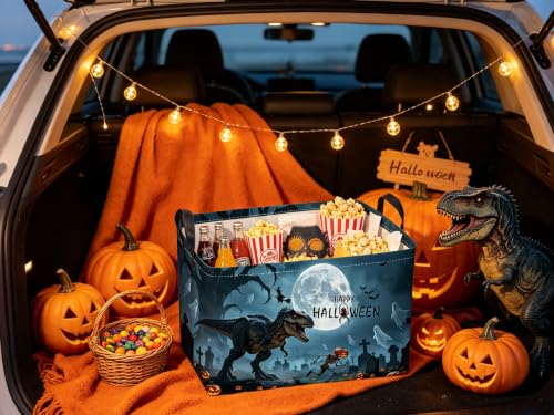 Image of Sanjiaofeng Rectangular Dinosaur Halloween Baskets,Waterproof Foldable Dinosaurs Basket with Handles,Nursery Hamper,Home Organizer,Books Box,Gift Baskets(Misty Dinosaur)