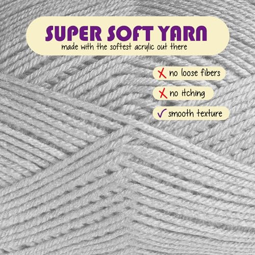 Image of Acrylic Yarn for Crocheting & Knitting - Soft Crochet Yarn for Crocheting, 370 Yards, Perfect for Crafts & Amigurumi, Medium Worsted Weight 4, Light Grey