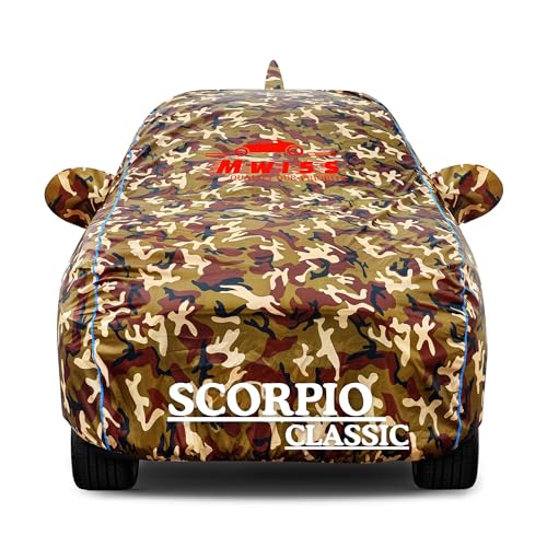 Image of Waterproof Car Cover for Mahindra Scorpio Classic | Dustproof, UV & Scratch Resistant Soft Cotton Lining | Triple Stitched, Mirror Pockets & Elastic Hem | Jungle