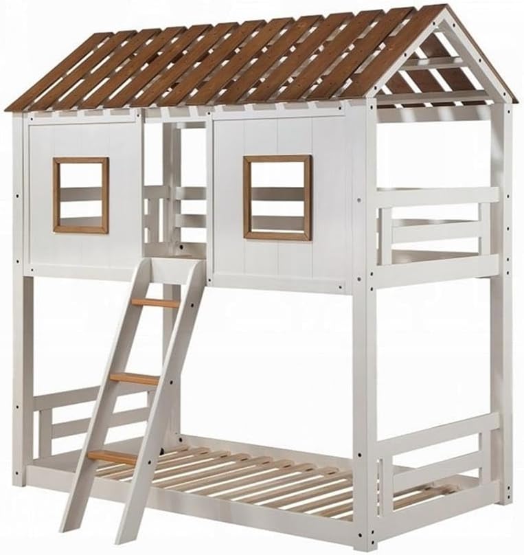 Pemberly Row Twin Bunk Bed, House Design with Ladder, Rustic Wood, White Finish, Window Cutouts, Safety Rails, Pitched Roof, Kids Bedroom Furniture for Imaginative Play and Cozy Sleeping Spaces