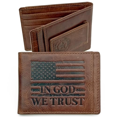 American Flag Front Pocket Wallet for Men – RFID Blocking Full Grain Leather Bifold with Magnetic Money Clip 9 Card Slots, Patriotic Gift, Slim Minimalist Western Wallet with “In God We Trust” Design