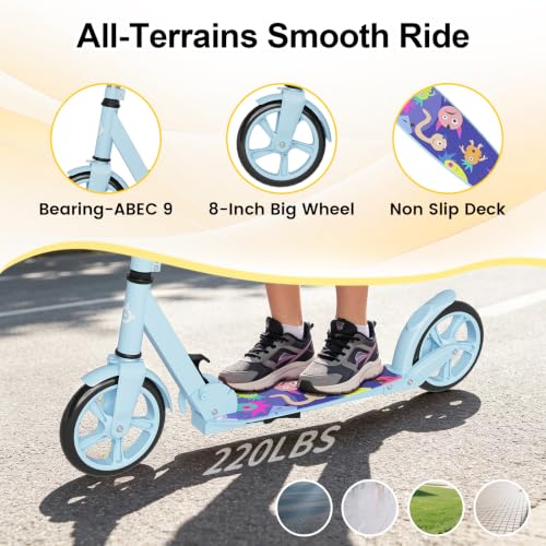 Image of SIMATE Kick Scooter for Kids Teens & Adults, 4 Adjustable Heights, 8IN All Terrain Big Wheels, Foldable and Lightweight, Gifts for Girls Boys