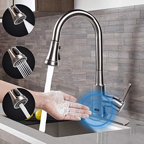 Motion Sensor Automatic Kitchen Faucet Touchless,Soosi Kitchen Faucets with Pull Down Sprayer Single Handle One/3 Hole 3 Setting Touch Kitchen Faucet Brushed Nickel Solid Brass Spot Free, Deck Mount