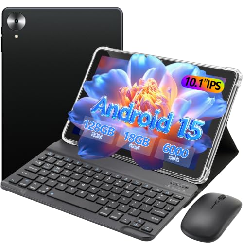 Image of Android 15 Tablet with Keyboard 10.1 Inch, 18GB RAM 128GB Storage, 2 in 1 Tablet PC with Mouse Stylus Case, IPS Display, Dual Band WiFi, GPS, Bluetooth, 1TB Expandable, Black