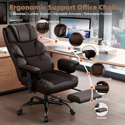 Image of Vonesse Big and Tall Office Chair, Desk Chair with Soft Adjustable Armrests, Ergonomic High Back Gaming Chair with Lumbar Support, Executive Computer Chairs with Footrest (PU Leather, Brown)