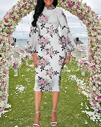 Image of Sexy Long Sleeve Dress for Women Solid Color Bow Knot Turtleneck Formal Gown Midi Casual Church Dresses