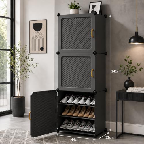 Image of LUHI Premium Modular Plastic Shoe Rack for Home with Door | 9-Tier Stackable Shoe Organizer | Waterproof & Dustproof | Space Saving Storage for Home, Bedroom & Entryway [Grey, 9-Shelf-3-Door]