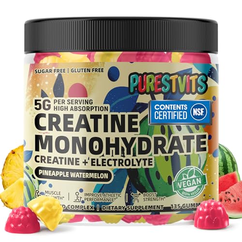 PURESTVITS NSF Certified Creatine Gummy 5g - Creatine Monohydrate Gummies – Pre-Workout Energy & Muscle Growth Support for Men & Women | Pineapple Watermelon Electrolyte Gummies (135 Count)