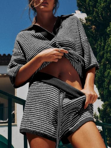 Image of Tankaneo Womens Sweater Set 2 Piece Outfits Oversized 3 /4 Sleeve V Neck Knit Tops High Waisted Shorts Lounge Sets
