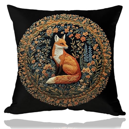 OUZ William Morris Inspired Abstract Vintage Floral & Fox Design Throw Pillow Covers Home Decor, Art Deco Pillowcase Cushion Cover for Bed Sofa Living Room (Black-Fox, 18x18inch)