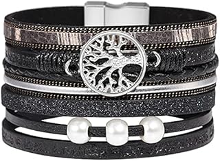 Gleamart Boho Leather Bracelet Multilayer Wrap Bangle with Magnetic Buckle