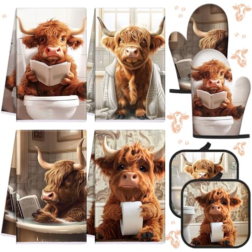 VitalCozy 8 Pcs Highland Cow Kitchen Towels Pot Holders Oven Mitt Set Absorbent Highland Cattle Dish Towels Square Potholders Watercolor Heat Resistant Glove for Home Cooking Baking Gift(Funny)