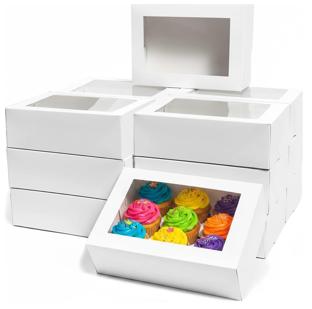 2You White 10 Cupcake Boxes With Clear Window 13 Inches Cake Box Holds Upto 12 Cupcakes For Bakery Donuts Cookies, Muffins, Desserts, Food 33X24x7.5cm Rectangle
