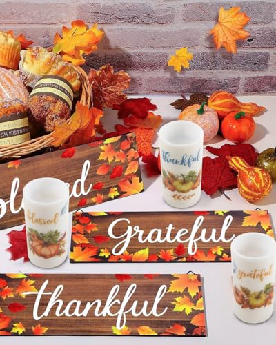 Image of 3 Pcs Pumpkin Flameless Candles with Timer Remote | Orange Maple Leaf Lights for Thanksgiving Theme Decor Autumn Fall Harvest Bathroom Decorations